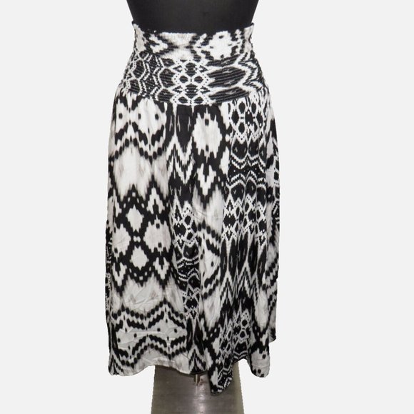 Attention Women's Black White Abstract Print Smocked Waist Midi Skirt Size Large - Picture 6 of 8